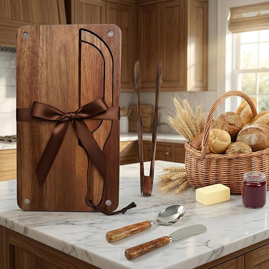 Bread Bow Knife and Cutting Board Set, 16" Serrated Stainless Steel Slicer for Homemade Sourdough & Artisan Bread, Ambidextrous Bread Slicing Kit with Crumb Tray, Bread Tong, Butter Knife, Jam Spoon