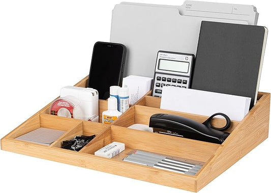 Theodore Bamboo Desk Organizer, 10 Compartment Desktop Organizer for Office Supplies, Mail, Pens and Notebooks, Wooden Countertop Organizer for Home Office Desk