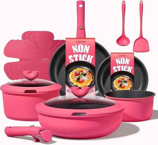 CAROTE 15pcs Pots and Pans Set Non Stick, Cookware Set Non Toxic with Detachable Handle, Induction Kitchen Cooking Set, Dishwasher/Oven Safe, RV/Camping Cookware