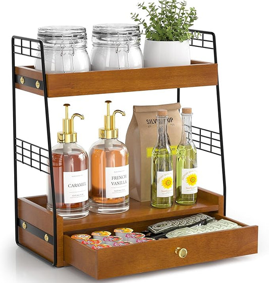 Coffee Bar Station Organizer with Built-In Drawer, 2-Tier Countertop Shelf for Tea Bags, Coffee Accessories, Syrup Bottles (Walnut)