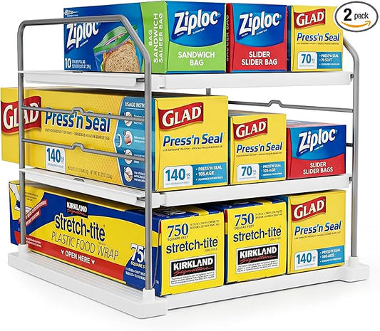 EVERIE Extendable 3-Tier Kitchen Cabinet & Pantry Organizer for Plastic Wrap, Foil & Storage Bags, Adjustable Heavy Duty Shelf Rack for Wrap Boxes, Jars & Snack Boxes (11–16.7 in Wide), Pack of 2