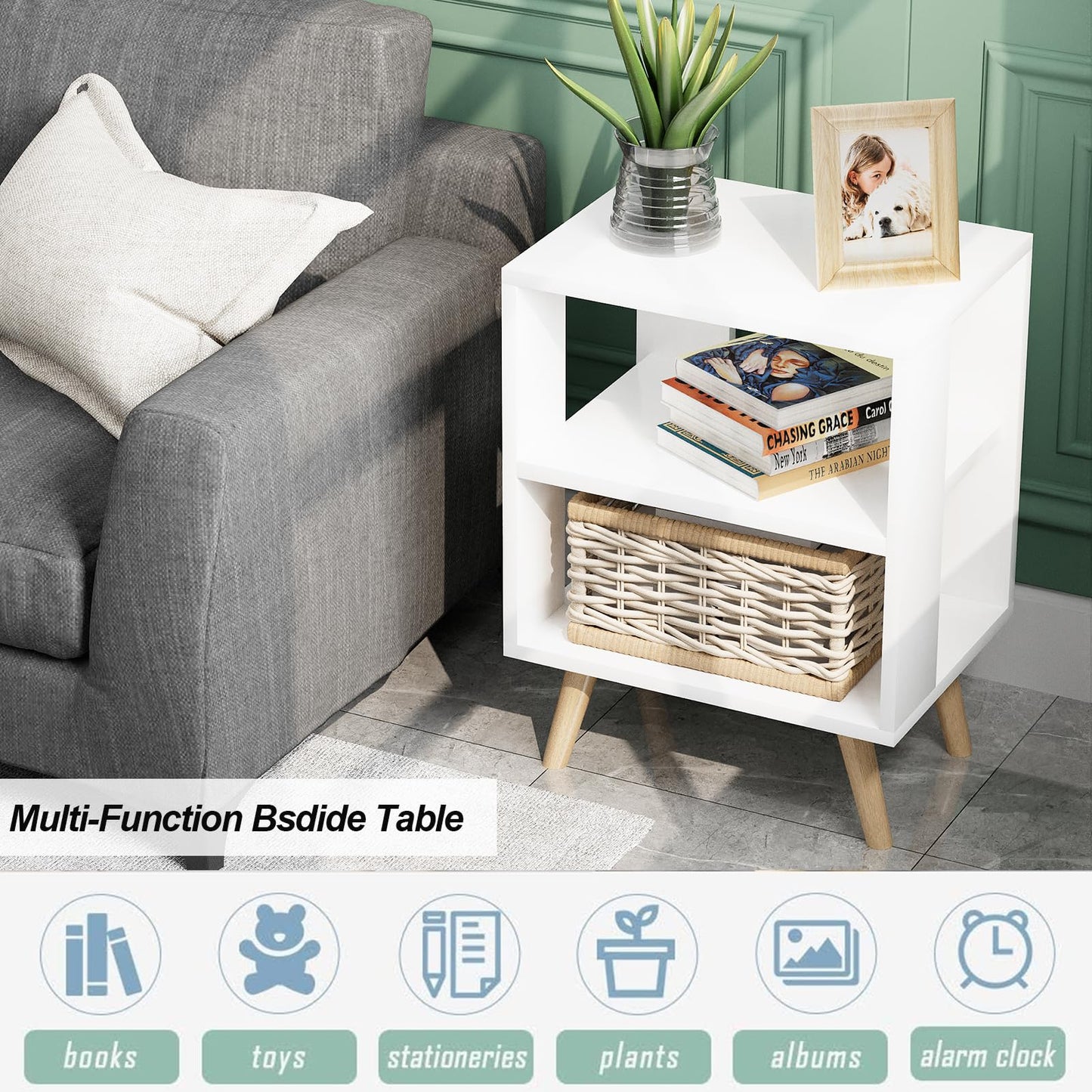 Aenuert Night Stand, White Kids Nightstand, Modern End Table with Open Storage, 2-Tier Nursery Bedside Table for Small Space, Living Room, Bedroom