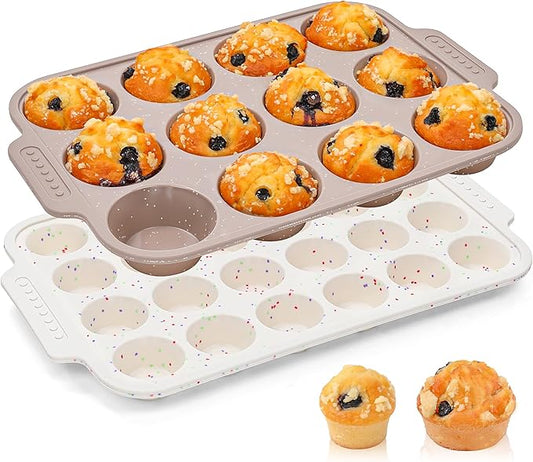 2 Pcs Silicone Muffin Pans for Baking with Metal Reinforced Frame, Nonstick Cupcake Tray for Oven, 12 Cups Regular and 24 Cups Mini Size Silicone Molds for Egg Bites (Brown, Cream)