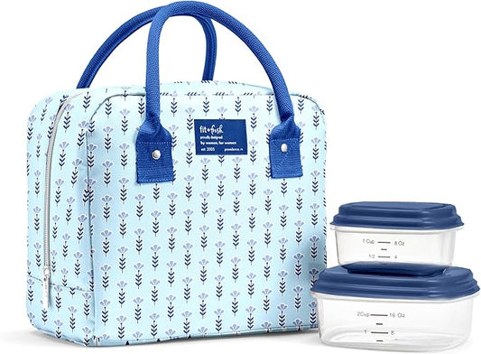 Fit & Fresh Bloomington Lunch Bag for Women - Insulated Large Lunch Box for Work with Containers, Leak-Resistant, Stain-Resistant, Zipper Closure, Tiny Blue Flowers