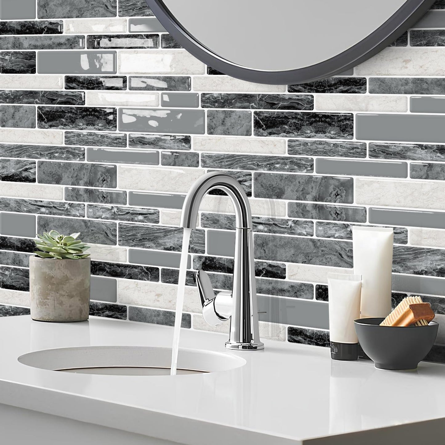 DEWOO Peel and Stick Backsplash 3D Self Adhesive Wall Tiles for Kitchen Bathroom,Marble Gray (10-Sheet, 12"×12")