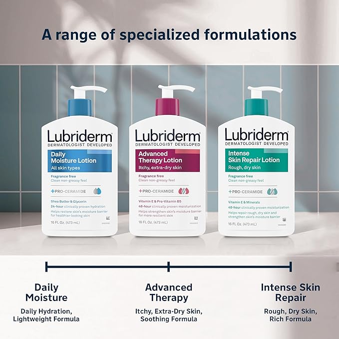 Lubriderm Fragrance Free Daily Moisture Lotion + Pro-Ceramide, Shea Butter & Glycerin, Face, Hand & Body Lotion for Sensitive Skin, Hydrating Lotion for Healthier-Looking Skin, 24 fl. oz