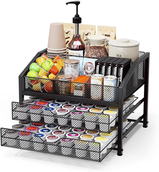 Homsorout Coffee Bar Organizer - Coffee Station for Countertop, Metal and Wood K Cup holder Storage Basket for Syrup, Cups, Stirrer, Condiment, Tea Organizer, Black