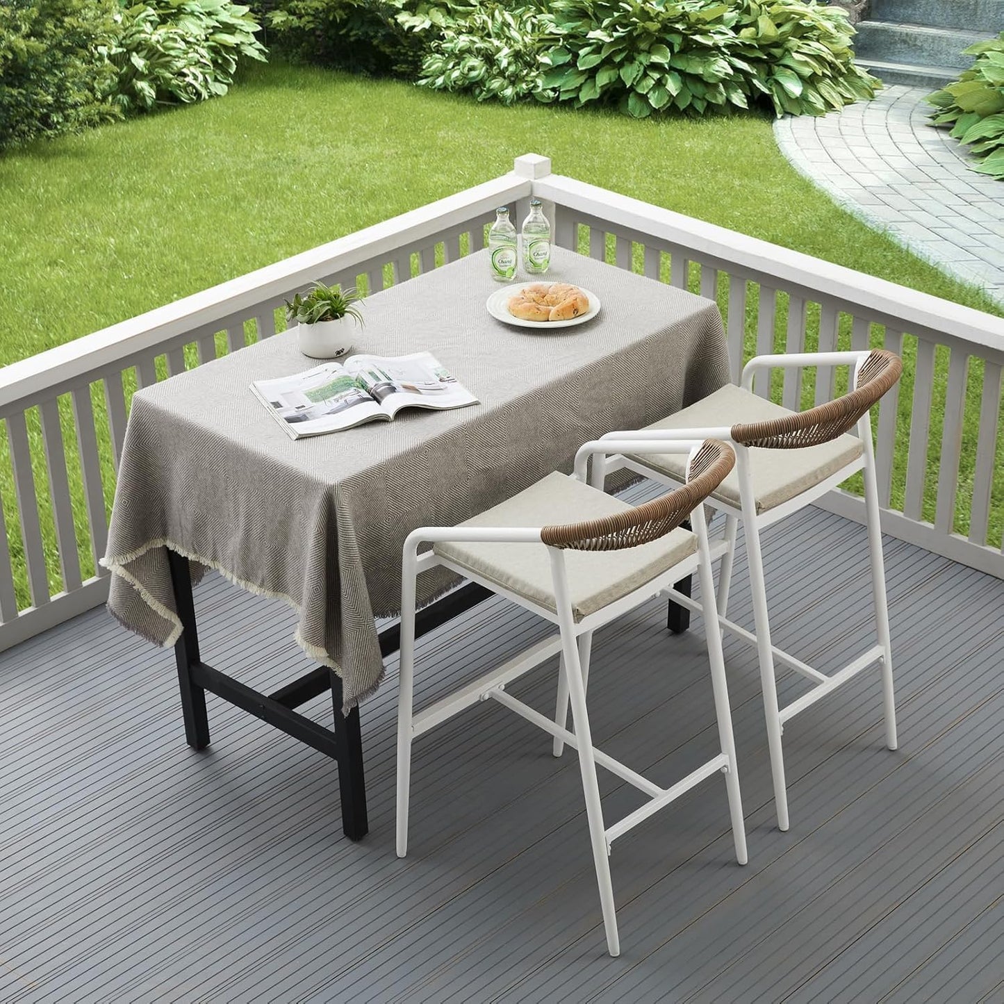 RICNOD Modern Outdoor Bar Stools Set of 2, White Aluminum Frame with Wicker Back, Cushioned Patio Seating