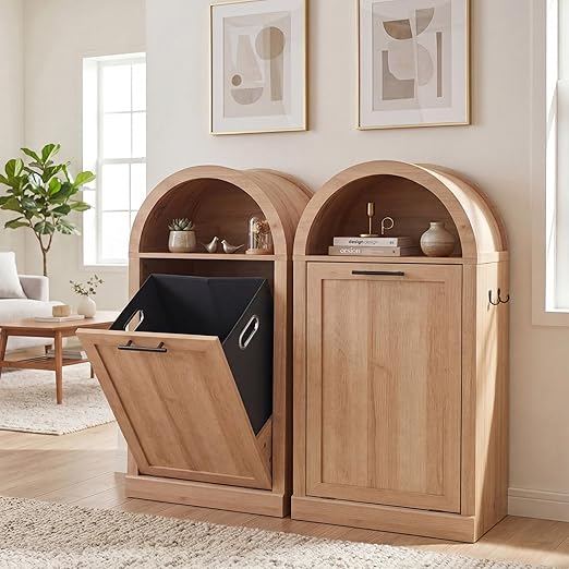 Arched Tilt-Out Trash Can Cabinet Set of 2,Laundry Hamper Cabinet with Foldable Laundry Basket,Wooden Hidden Garbage Can Cabinets with Metal Handle & Hooks,Natural