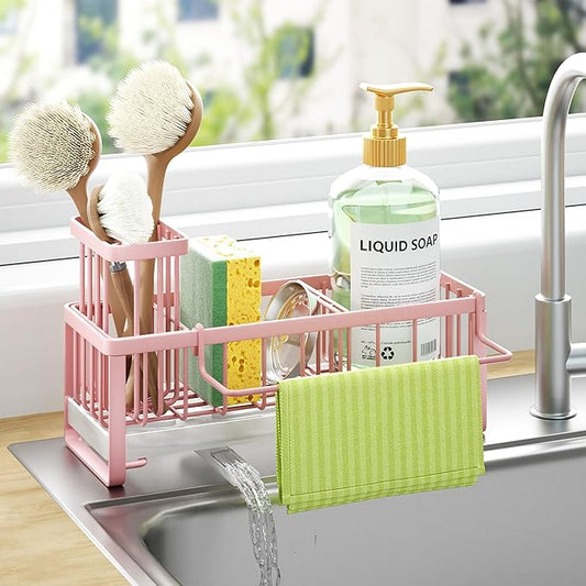 HapiRm Sponge Holder for Kitchen Sink - Self-draining Sink Caddy with Brush and Dishcloth Holders, Stainless Steel Kitchen Organizer for Countertop - Pink