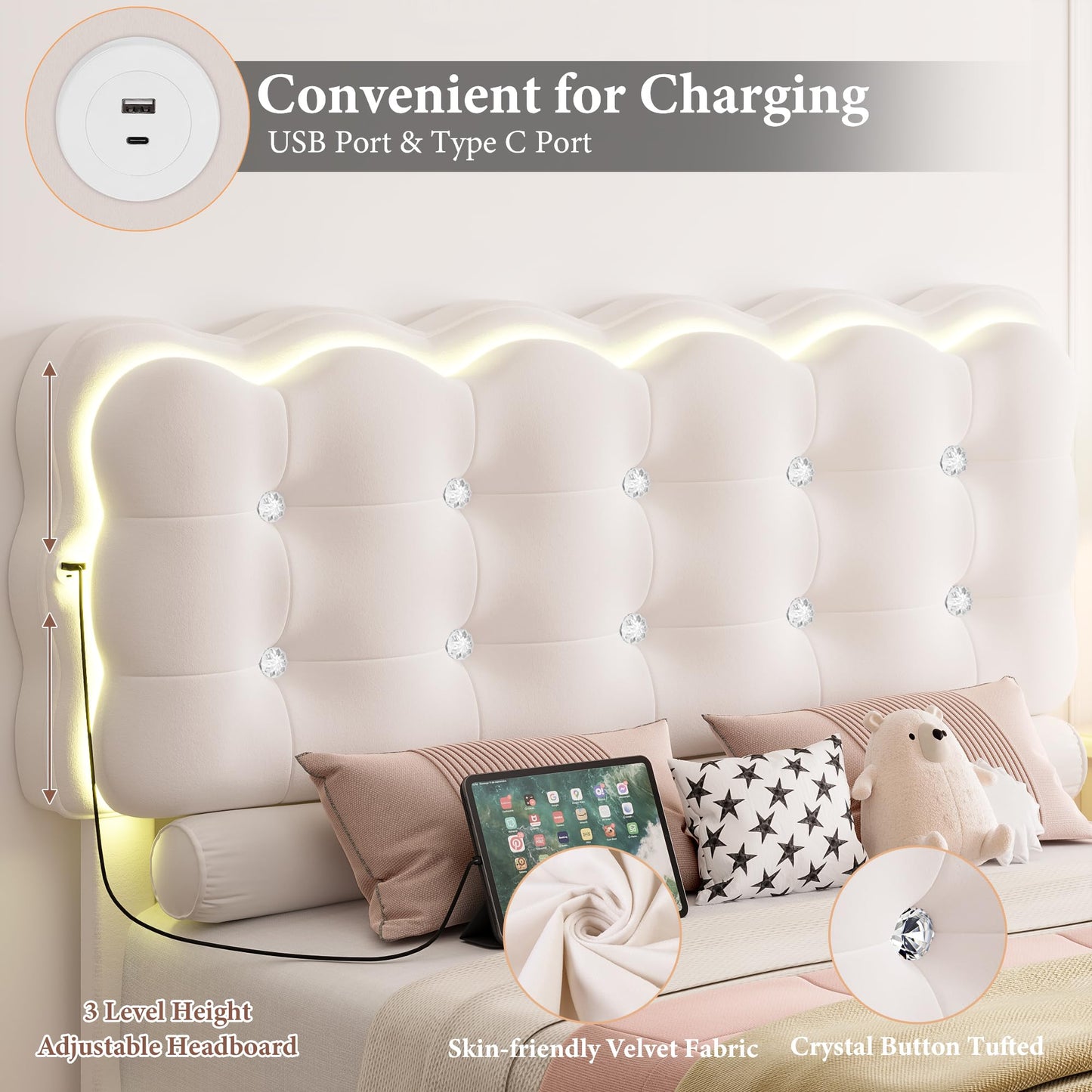 HIFIT Upholstered Full Size LED Bed Frame with Charging Station and Adjustable Crystal Button-Tufted Puffs Headboard, Velvet Princess Floating Platform Bed Frames for Girls, No Box Spring Needed,Beige