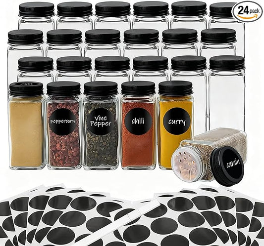 24Pcs Spice Jars with Label, 4oz Empty Square Seasoning Containers, Spice Jars with Shaker Lids, Small Spice Bottles for Salt, Herbs, Sugar, Pepper, Seasoning Jars for Spice Rack, Cabinet, or Drawer