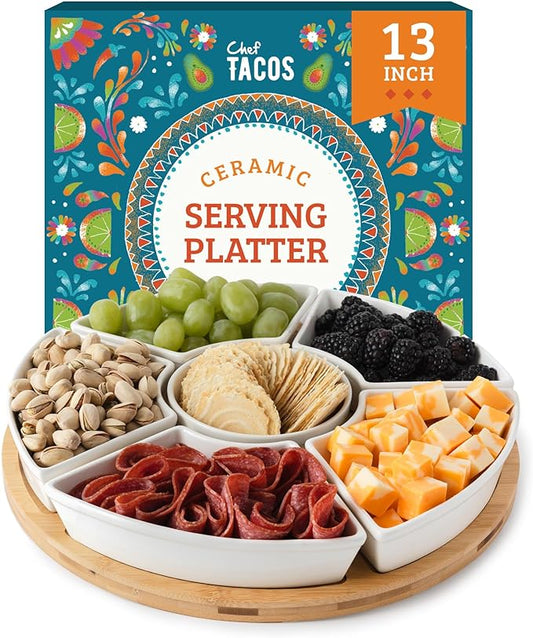 Ceramic Taco Serving Platter - Divided Serving Tray for Taco Tuesday Lazy Susan Taco Bar - Chip and Dip Serving Set for Party - Appetizer Serving Tray for Salsa, Snacks (13 in)