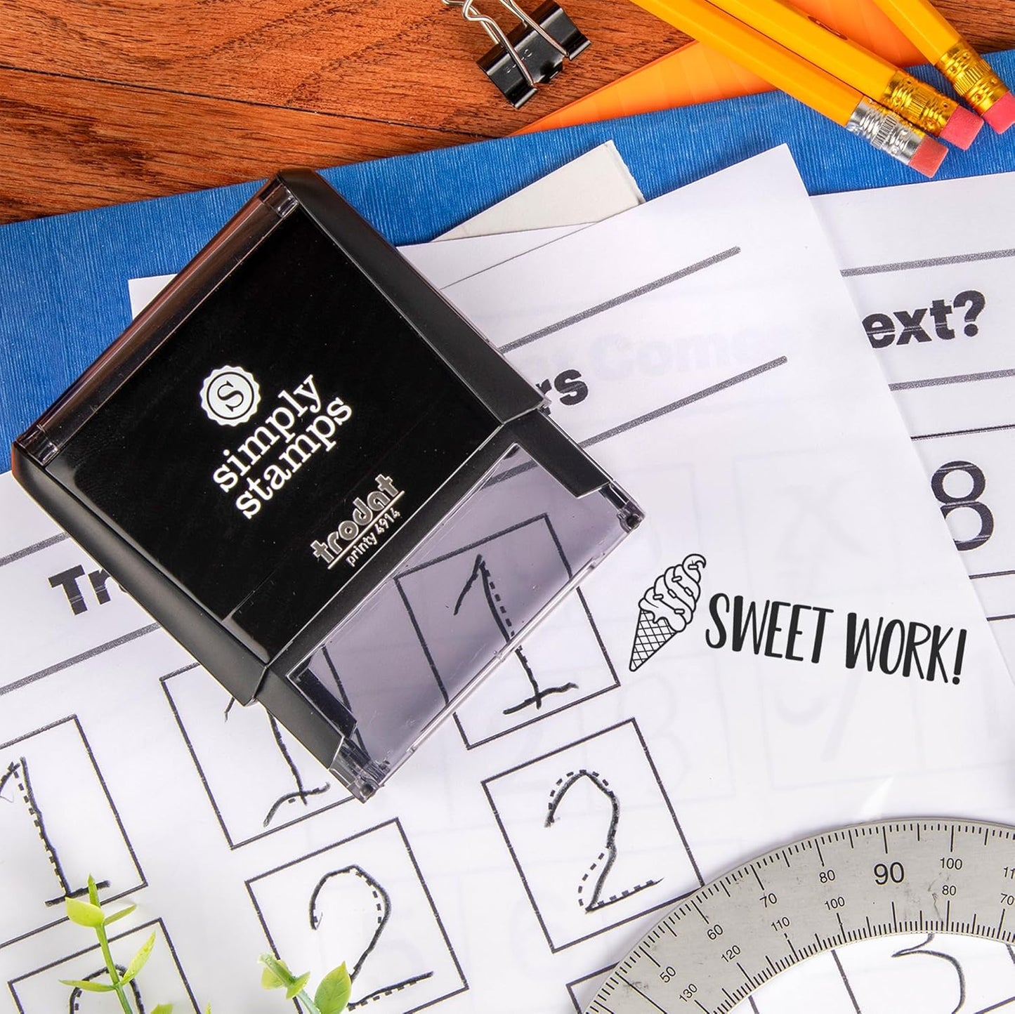 Custom Self-Inking Stamps with 49 Designs - Fun Phrases | Classroom, Library, Book Stamps (Sweet Work!, Xtra Wide)