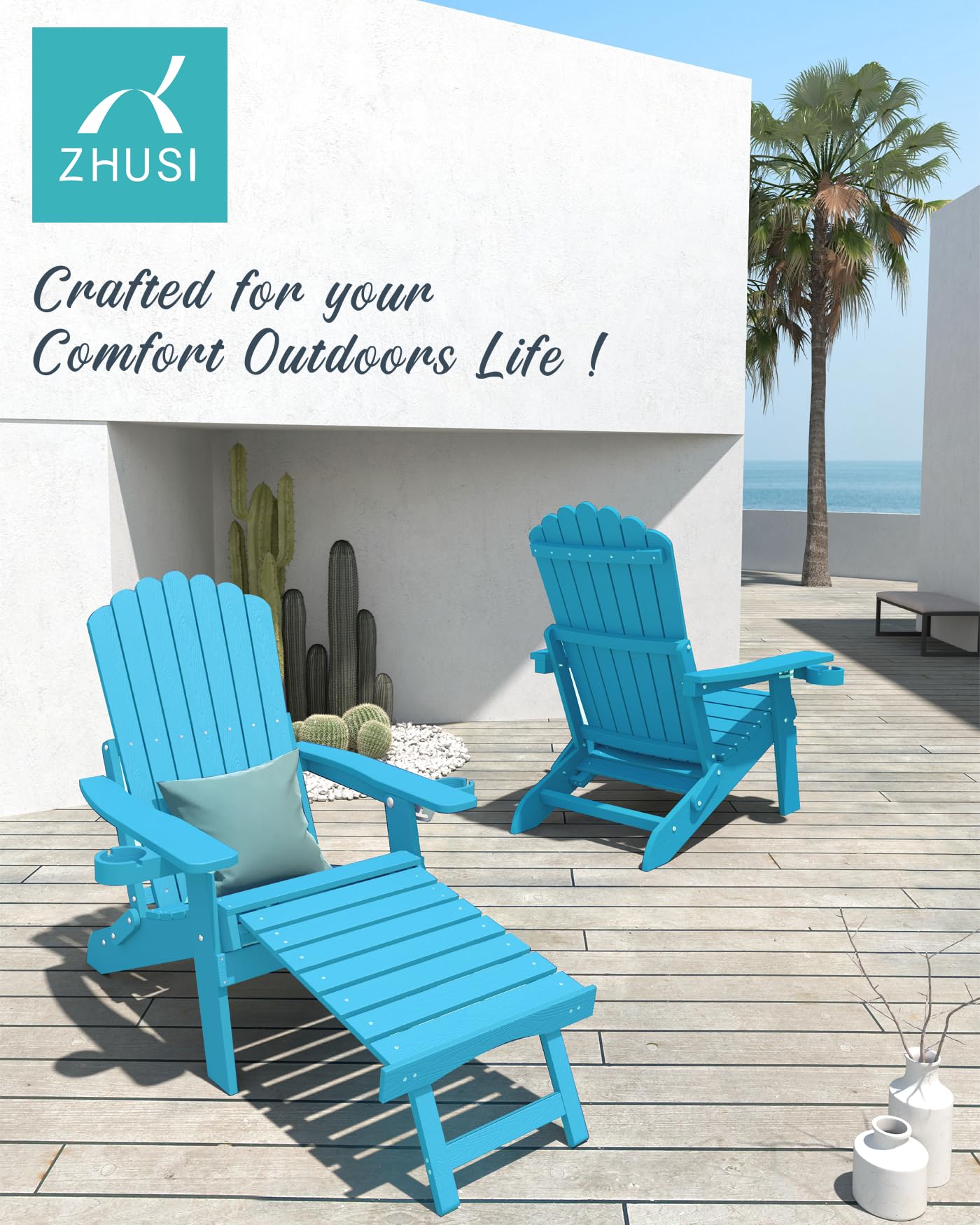 ZHUSI Folding Adirondack Chairs Set of 2 with Retractable Ottoman, Adjustable Adirondack Chair with 2 Cup Holders, Outdoor Chairs for Porch Patio Lawn Balcony Weather Resistant, Lake Blue