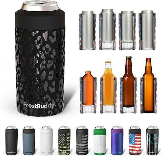 Frost Buddy Universal Buddy Can Cooler - Fits All - For Regular 12 & 16 oz or Slim-Size Bottles - Insulated Double-Walled Stainless Steel (Black Leopard)