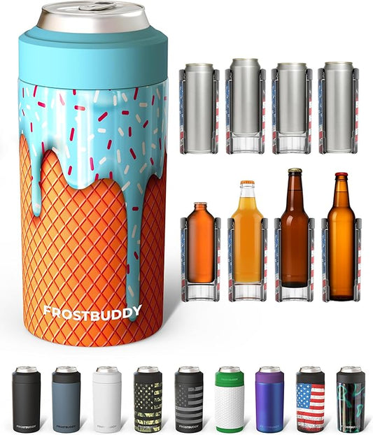 Frost Buddy Universal Can Cooler - Fits all - Stainless Steel Can Cooler for 12 oz & 16 oz Regular or Slim Cans & Bottles - Stainless Steel (Blue Ice Cream)