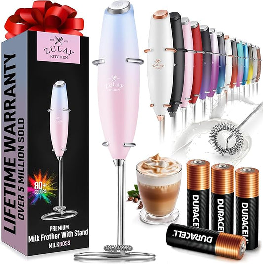 Zulay Kitchen Powerful Milk Frother Wand With 4 AA Duracell Batteries - Ultra Fast Handheld Drink Mixer - Electric Whisk Foam Maker for Coffee, Lattes, Cappuccino, Matcha & Creamer - Lavender Blush