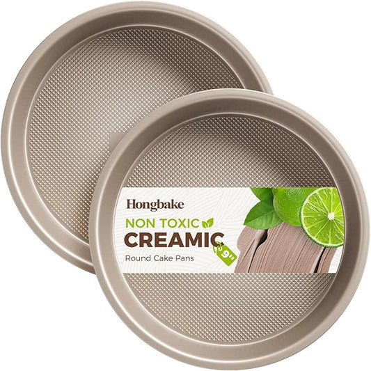 HONGBAKE Nonstick Ceramic 9 Inch Round Cake Pan Set of 2, Heavy-Duty Aluminized Steel round cake pans with Diamond Texture, Non-Toxic Cake Molds, Cake Pans Sets for Baking Cheesecake, Cream, Gold