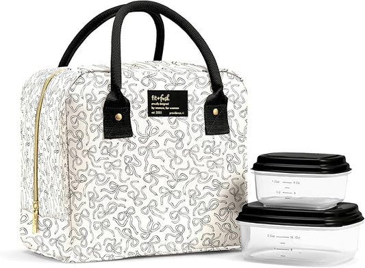 Fit & Fresh Bloomington Lunch Bag for Women - Insulated Large Lunch Box for Work with Containers, Leak-Resistant, Stain-Resistant, Zipper Closure, Black and White Sketched Bows