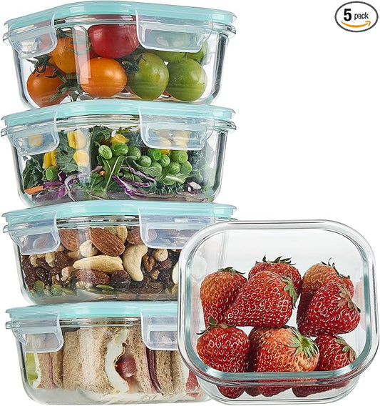 Vtopmart 5Pack 17.5oz Glass Storage Containers with Lids, Glass Meal Prep Food Container Sets with Snap Airtight Lids for Microwave, Oven, Freezer and Dishwasher, Green