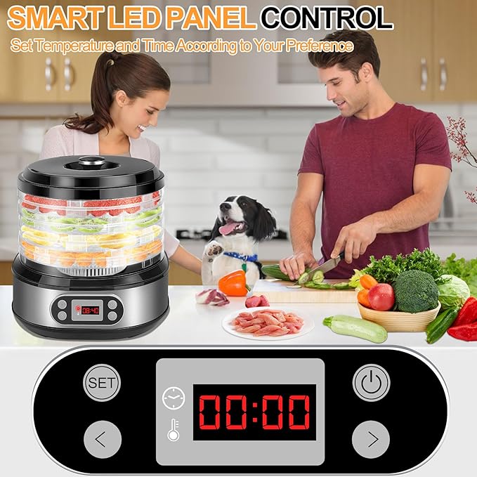 LanAqua Food Dehydrator Machine, 450W Stainless Steel Dehydrator for Food and Jerky with 72H Timer & Adjustable Temperature(95-158°F), Digital Food Dehydrator with 5-Trays for Meat, Fruit, Herbs