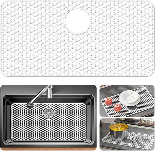 Bestjing Silicone Sink Protectors for Kitchen Sink with Rear Drain - 28.3"x 15.7" Non-Slip Heat Resistant Mat for Bottom of Farmhouse Stainless Steel Porcelain (White)