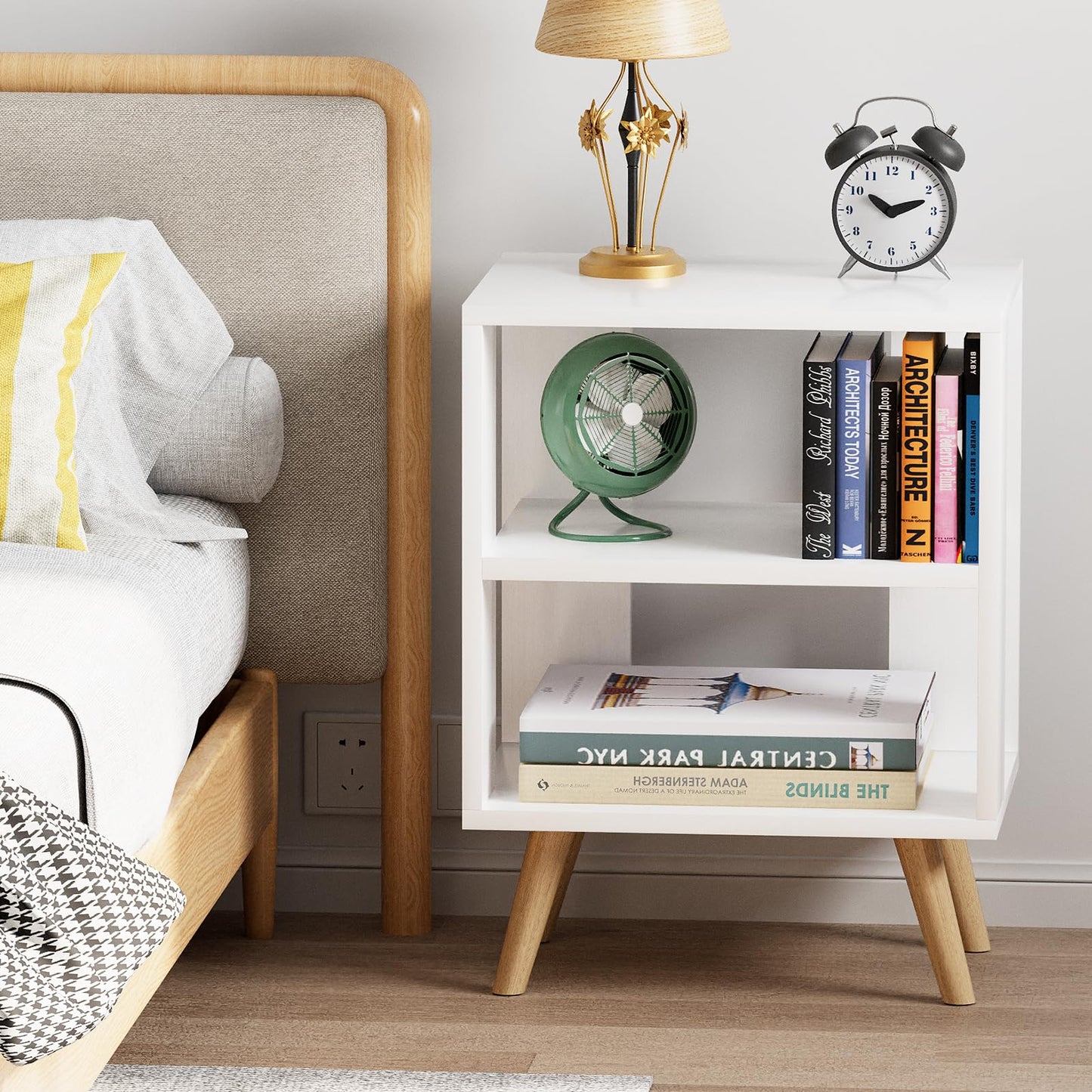 Aenuert Night Stand, White Kids Nightstand, Modern End Table with Open Storage, 2-Tier Nursery Bedside Table for Small Space, Living Room, Bedroom