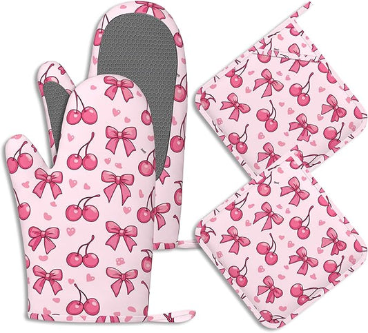 Cute Bows Cherry Oven Mitts and Pot Holders Sets of 4 Pink Love Heart Heat Resistant Silicone Oven Mits Gloves Non-Slip Kitchen Mittens Potholders for Cooking Baking Grilling BBQ