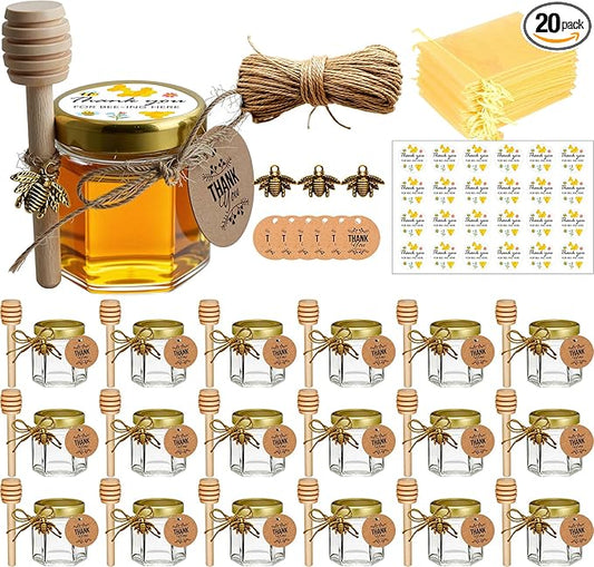 Adabocute 20 Pack Mini Honey Jars with Dipper - Mini Honey Jars for Baby Showers & Wedding Gifts - Gold Lids, Bee Pendants, Jutes and Gift Bags