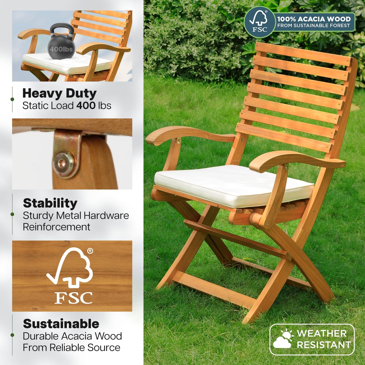 IDZO Patio Chairs Set of 2, Upgraded Wood Folding Armchairs with Comfortable Cushions, FSC-Certified Acacia, 450lbs Capacity, Fully Assembled, Foldable, Space-Saving Design, Ideal for Outdoor Use