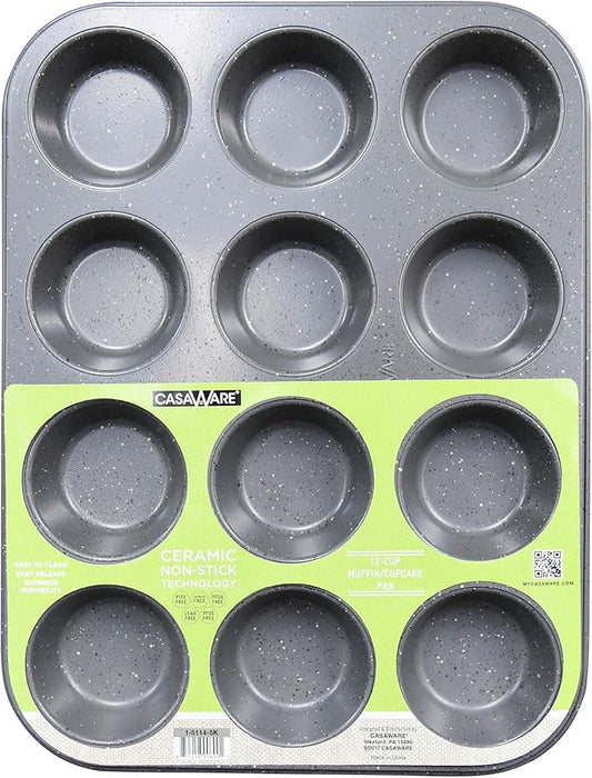 casaWare Ceramic Coated NonStick 12 Cup Muffin Pan (Silver Granite)