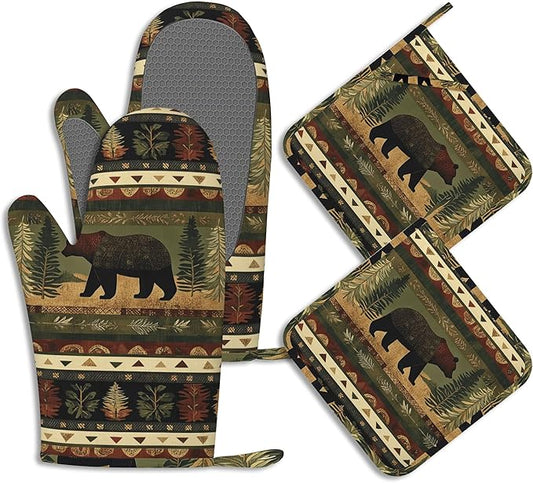 Oven Mitts and Pot Holders Sets Rustic Bear Silicone Kitchen Mits Potholders Cabin Forest Mountain Heat Resistant 4Pcs Oven Gloves Hot Pads for Baking Cooking BBQ Grilling Home Decor