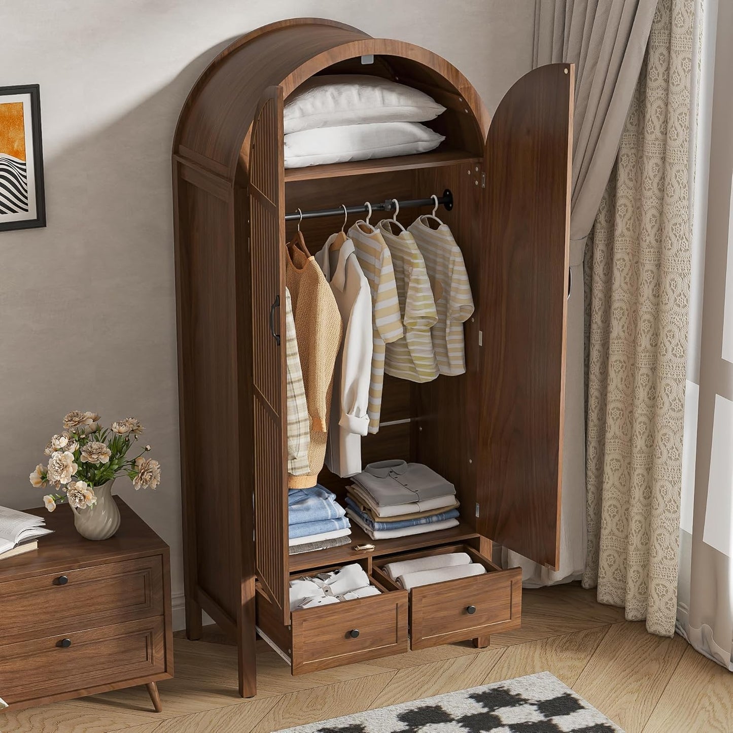 Lxsxlome Wardrobe Closet, Modern Armoire Wardrobe Closet with Drawers and 2 Arched Fluted Doors, 70.87‘’ Tall Wooden Bedroom Armoires with Shelves and Hanging Rod (1, Walnut,17.71''D)