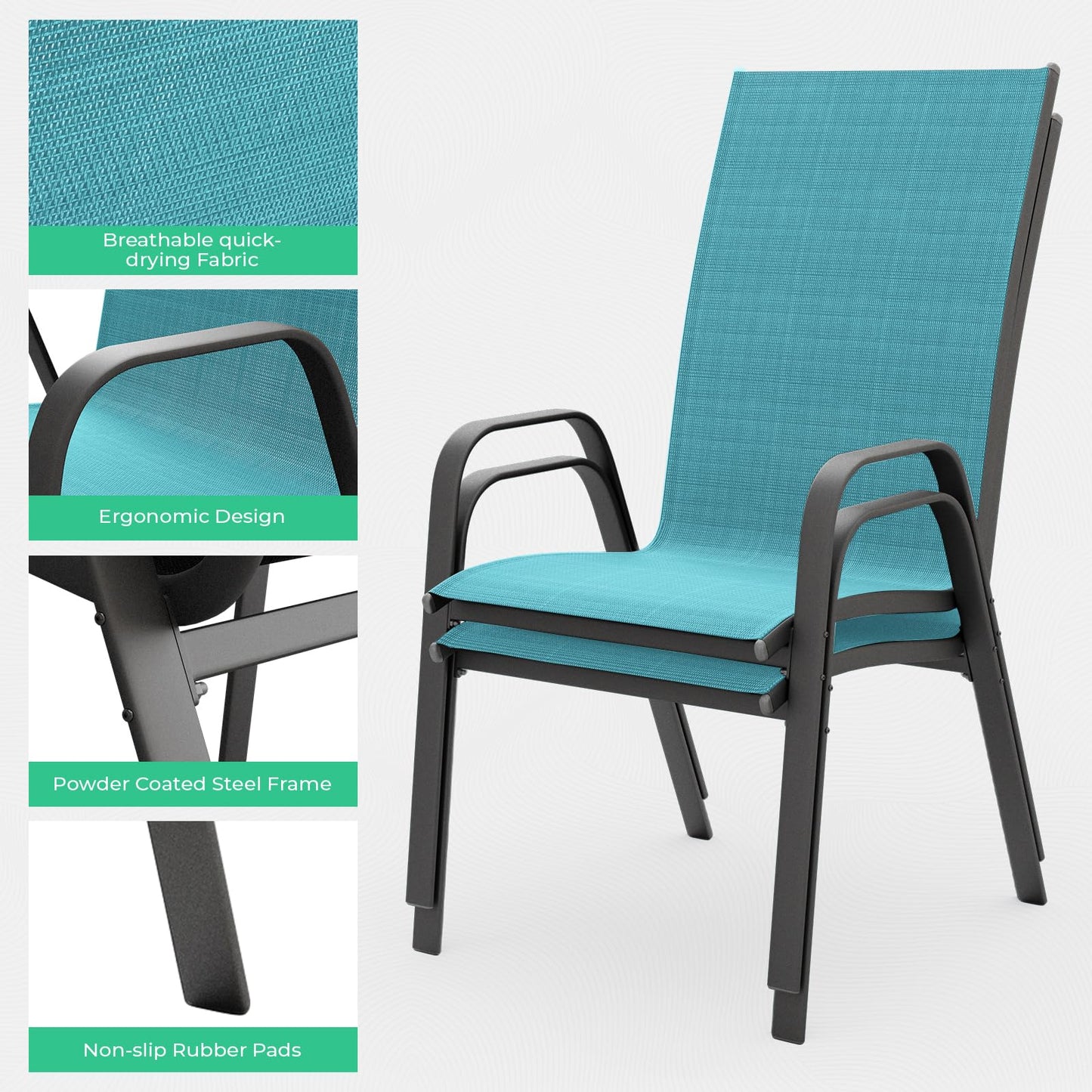 JEAREY Patio Dining Chairs Set of 4, Outdoor Stackable Dining Furniture Set, All Weather Dining Set for Lawn, Garden, Backyard, Poolside, Teal Blue