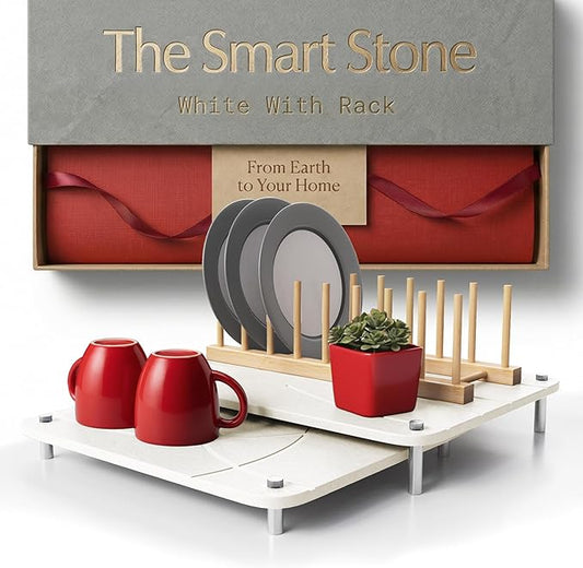Nested Dish Drying Stone Mat with Bamboo Rack | 2 Pcs Diatomaceous Earth Stone Drying Mats for Kitchen Counter with Non-Slip Feet | Collapsible Large Drying Stone for Dishes (White)