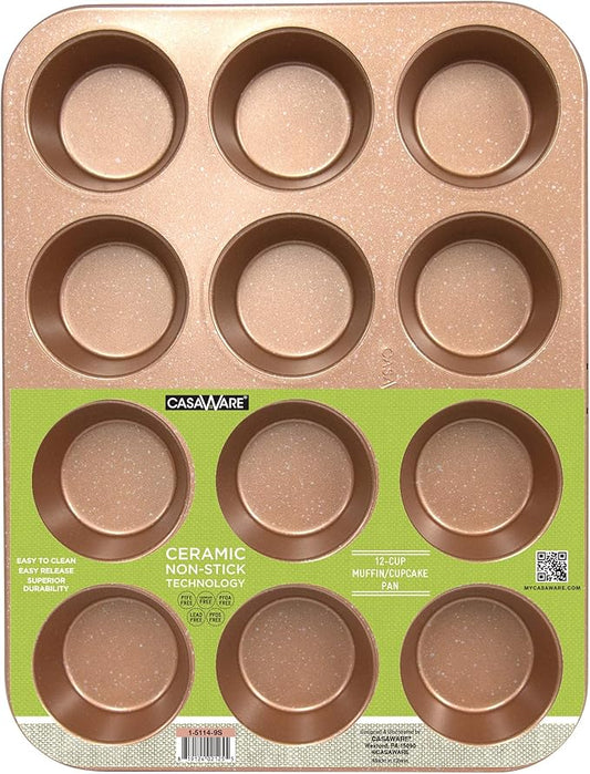 casaWare Ceramic Coated NonStick 12 Cup Muffin Pan (Granite) (Rose Gold Granite)