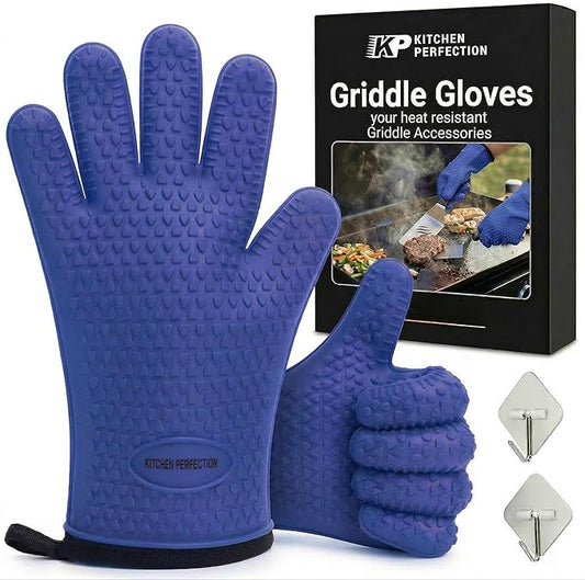 KITCHEN PERFECTION Silicone Oven & Griddle Gloves -Extreme Heat Resistant BBQ & Grilling Gloves -Handle Hot Food Right on Your Griddle |Waterproof Oven Mitts Grill Gloves |Superior Set+3 Bonuses