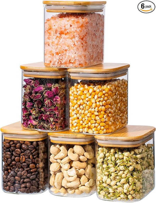 26oz 6PCS Rectangle Glass Pantry Containers with Lids, Glass Jars with Lids, Clear Food Storage Jars, Small Canister for Salt, Pepper, Spices, Nuts, Loose Tea, Coffee, Sugar, Candy