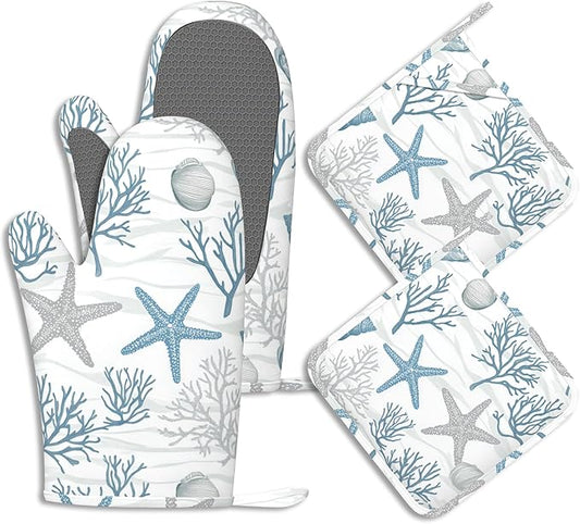 Coastal Beach Starfish Pot Holders and Oven Mitts Set Silicone Ocean Coral Kitchen Gloves Potholders Heat Resistant Washable,Chef Cooking Baking Gifts for Women Men Bakers Lover Cooks