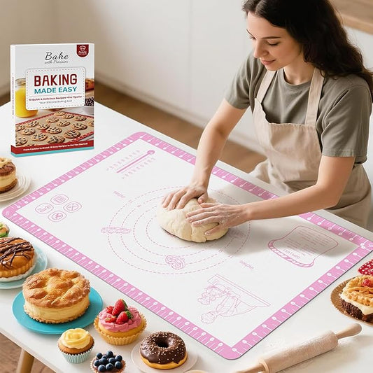 Non Slip Silicone Pastry Mat With 10 Useful Recipes, Non Stick Dough Mat for Rolling Out, Silicone Mat for Baking,Cookie, Macaron, Pizza, Surdough, Extra Large and Oven Safe