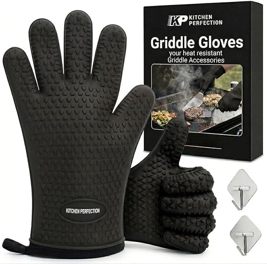 KITCHEN PERFECTION XL Silicone Oven & Griddle Gloves -Extreme Heat Resistant BBQ & Grilling Gloves -Handle Hot Food Right on Your Griddle |Waterproof Oven Mitts Grill Gloves |Superior Set+3 Bonuses