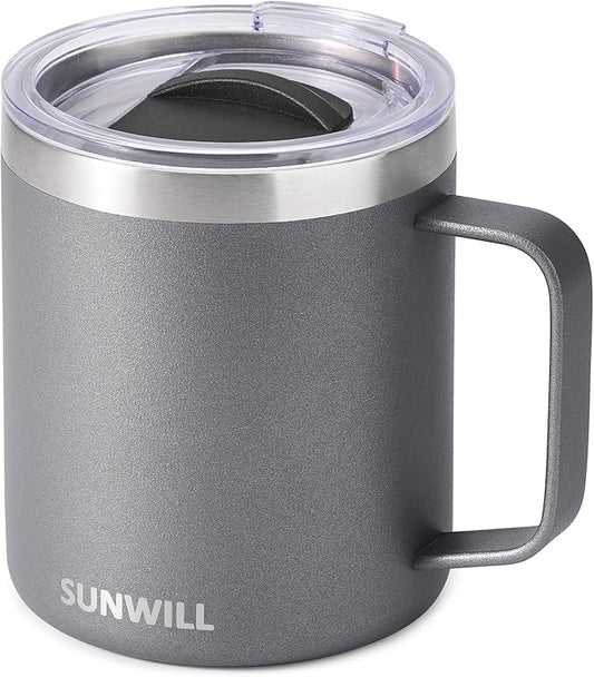 SUNWILL Travel Coffee Mug with Lid, Insulated Tumbler with Handle, 14 oz Stainless Steel Cup for Ice, Water, Tea, Cool Grey