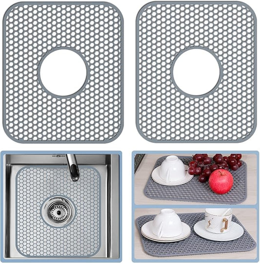 Bestjing 2 Pack Silicone Sink Protectors for Kitchen Sink with Center Drain, 13.58''x 11.6'' Non-Slip Heat Resistant Mat Grid for Bottom of Stainless Steel Porcelain (Center Hole)