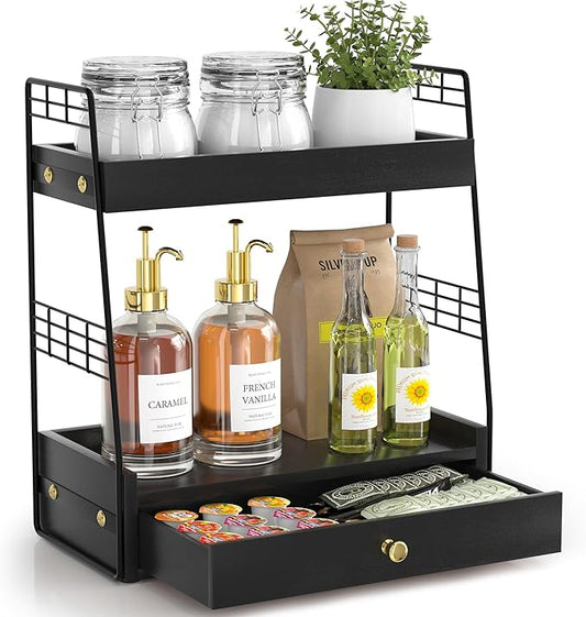 Coffee Bar Station Organizer with Built-In Drawer, 2-Tier Countertop Shelf for Tea Bags, Coffee Accessories, Syrup Bottles (Black)
