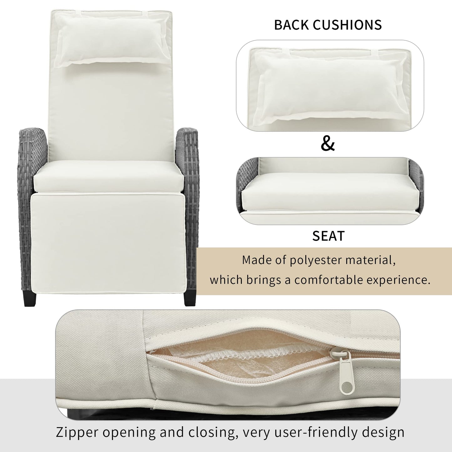 CHSICFOR Outdoor Rattan Patio Recliner Chairs, 2-Person Chairs with Coffee Table, Adjustable Backrest for Courtyard, Swimming Pool, Balcony (Beige)