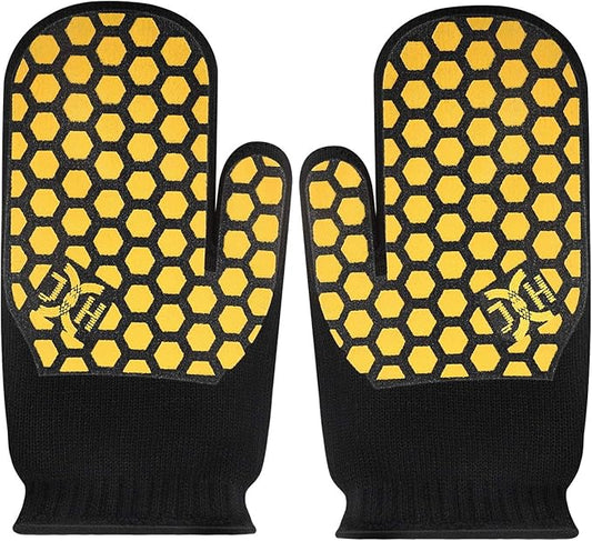 J H Heat Resistant Oven Glove:EN407 Certified 932 °F, 2 Layers Silicone Coating, Oven Mitts for Cooking, Kitchen, Fireplace,Camping, Grilling (Black/Yellow, Mitten)
