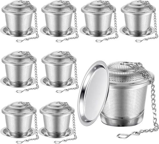 Zopeal 9 Pcs Tea Infuser Stainless Steel Strainer with Extended Chain Hook and Saucer Loose Leaf Steeper Fine Mesh Ball Tea Filter for Brew Spices Seasonings Fits Cup Mug Bottle (Small)