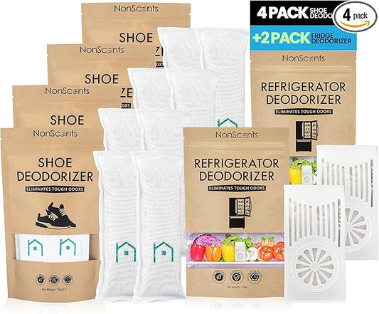 NonScents Shoe & Refrigerator Deodorizer Bundle - 4 Pack (8 Count) Shoe Odor Eliminator & 2 Refrigerator Deodorizer - Powerful, Reusable Odor Absorbers for Shoes, Fridge, Closets - Unscented Freshness