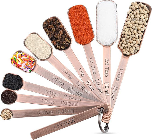 Copper Measuring Spoons Set, Stainless Steel Narrow Measuring Spoons Set, Heavy Duty Metal Measuring Spoon with Long Handle, Engraved Metric&US Measure Spoon with Leveler, Easily Fit Spice Jars